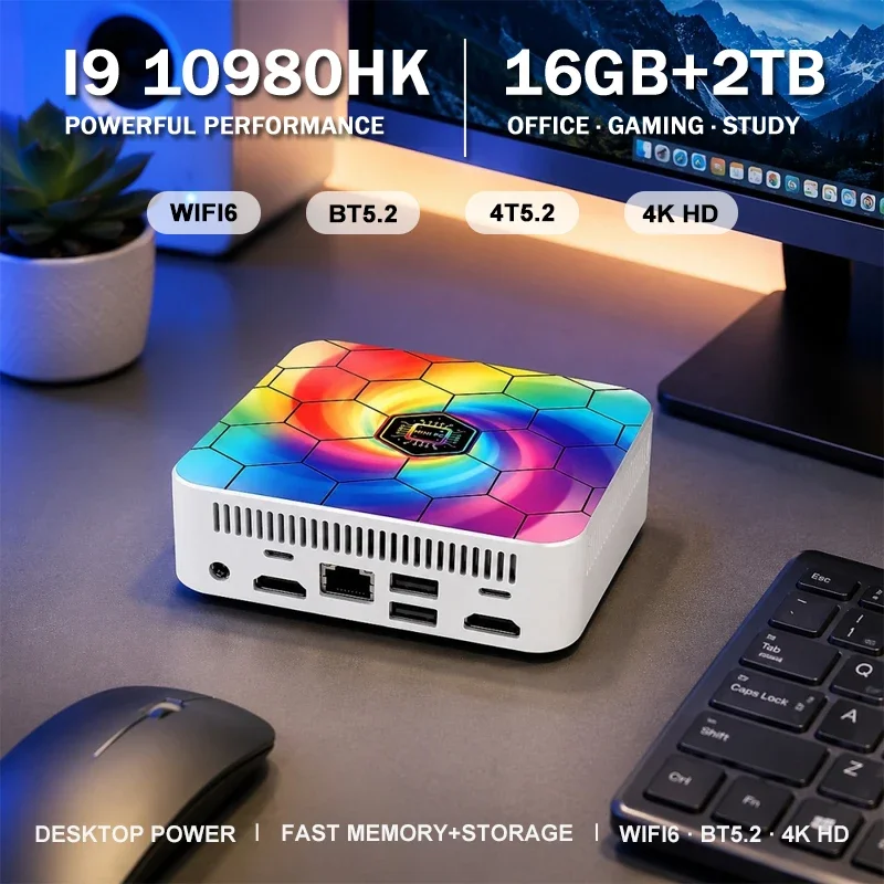 Intel Core I9-10980HK Gaming Mini PC Windows 11 RGB Hexagon Shell 16GB/32GB RAM WiFi6 BT5.2 Home Office Small Desktop Computer