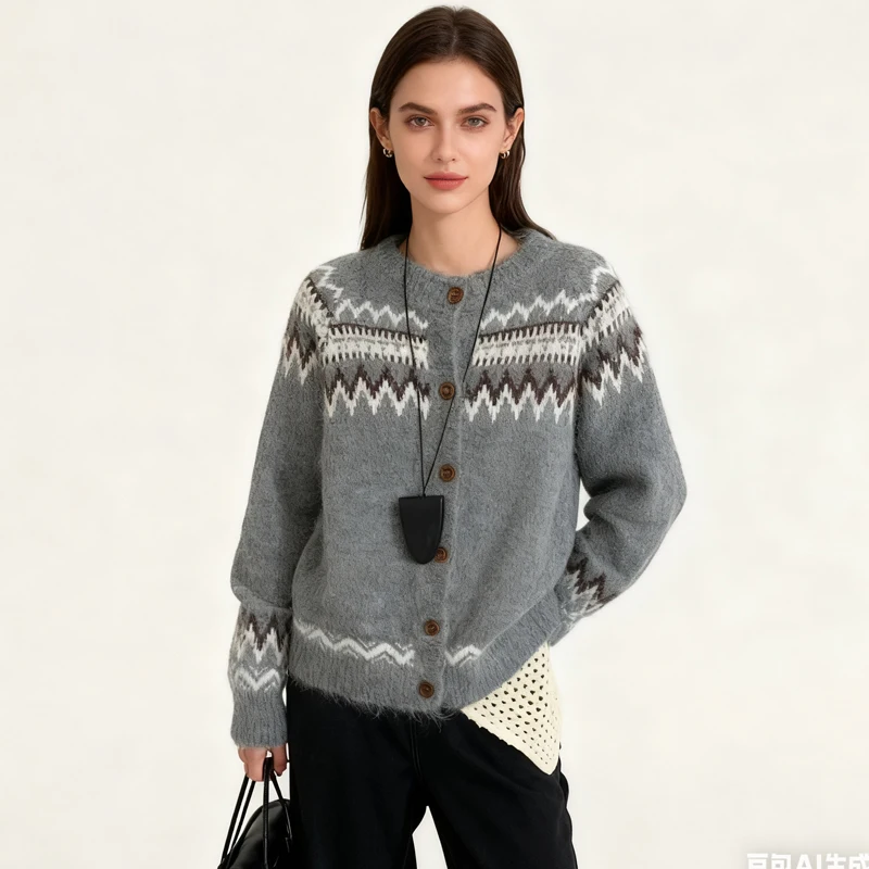 

Autumn Winter Loose Women Cardigan Sweater Jackets 2025 New Fashion Knitted Crew Collar Casual Coats Long Sleeve Sweet Clothing