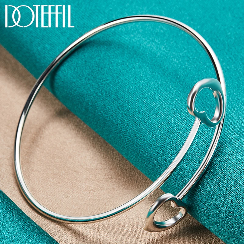 

DOTEFFIL 925 Sterling Silver Double Heart Opening Bangle Bracelet For Women Man Fashion Wedding Engagement Party Jewelry