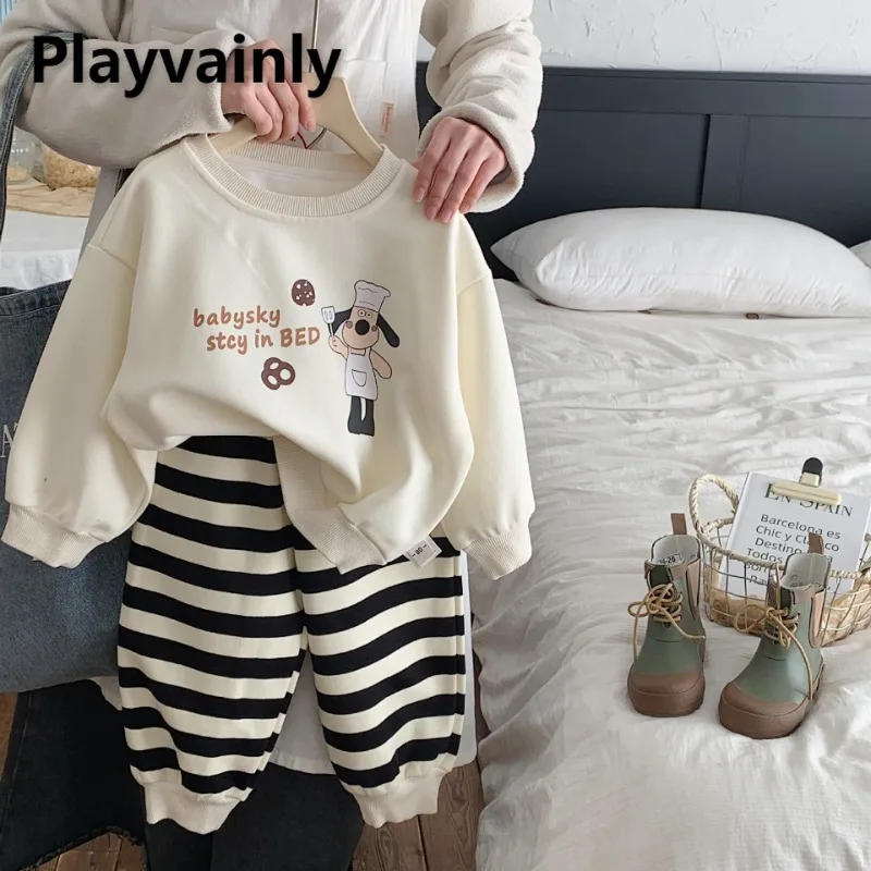 

Spring Autumn Children's Casual Clothing Cartoon Print Beige O-neck Sweatshirts+Striped Pants Boy and Girl Two-piece Set G0050