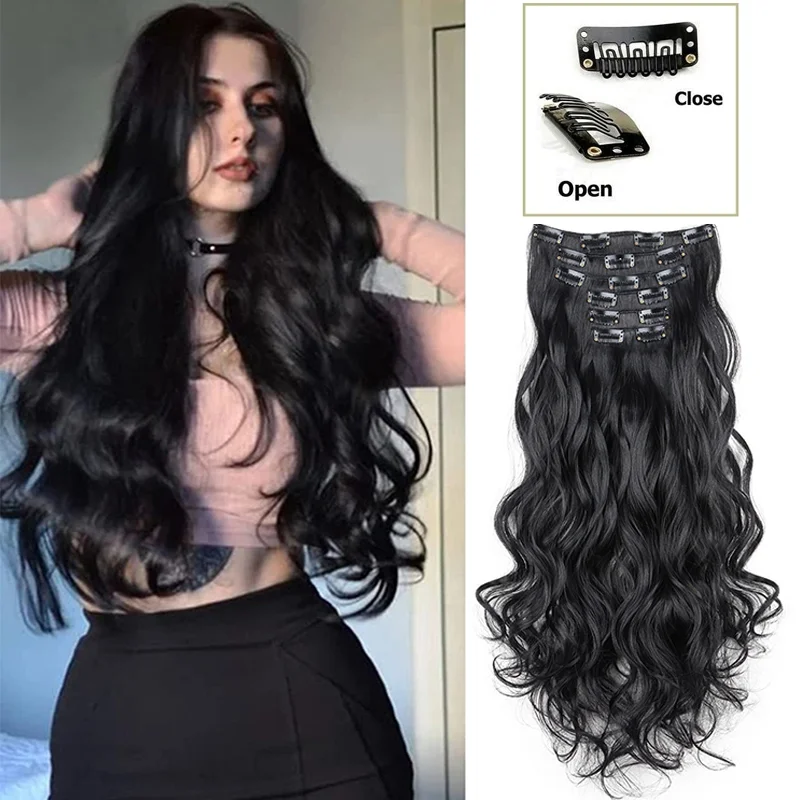 18Inch 16 Clips in Hair Extensions Wavy Curly  Hairstyle Synthetic Blonde Black Hairpieces Heat Resistant False Hair Daily Use