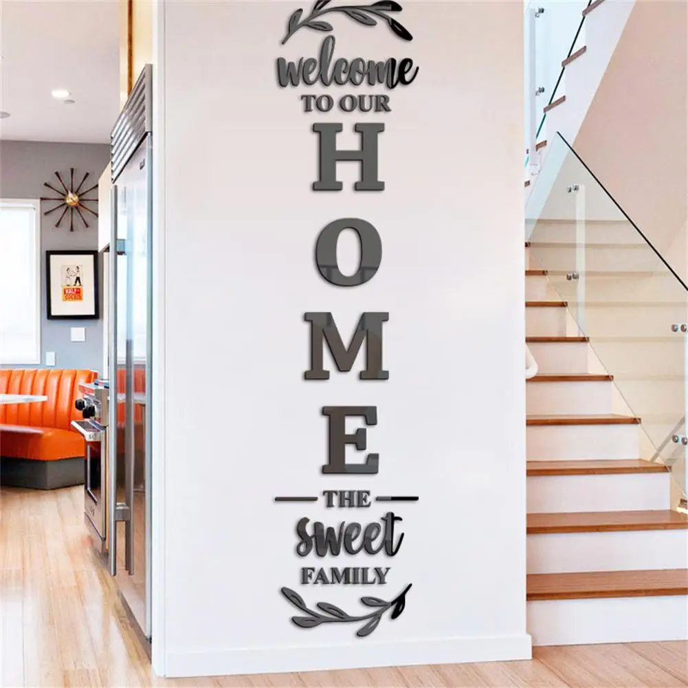 English Letters 3D Mirror Wall Sticker, Self-Adhesive Acrylic Decal, Welcome to Our Home The Sweet Family Combination Home Decor