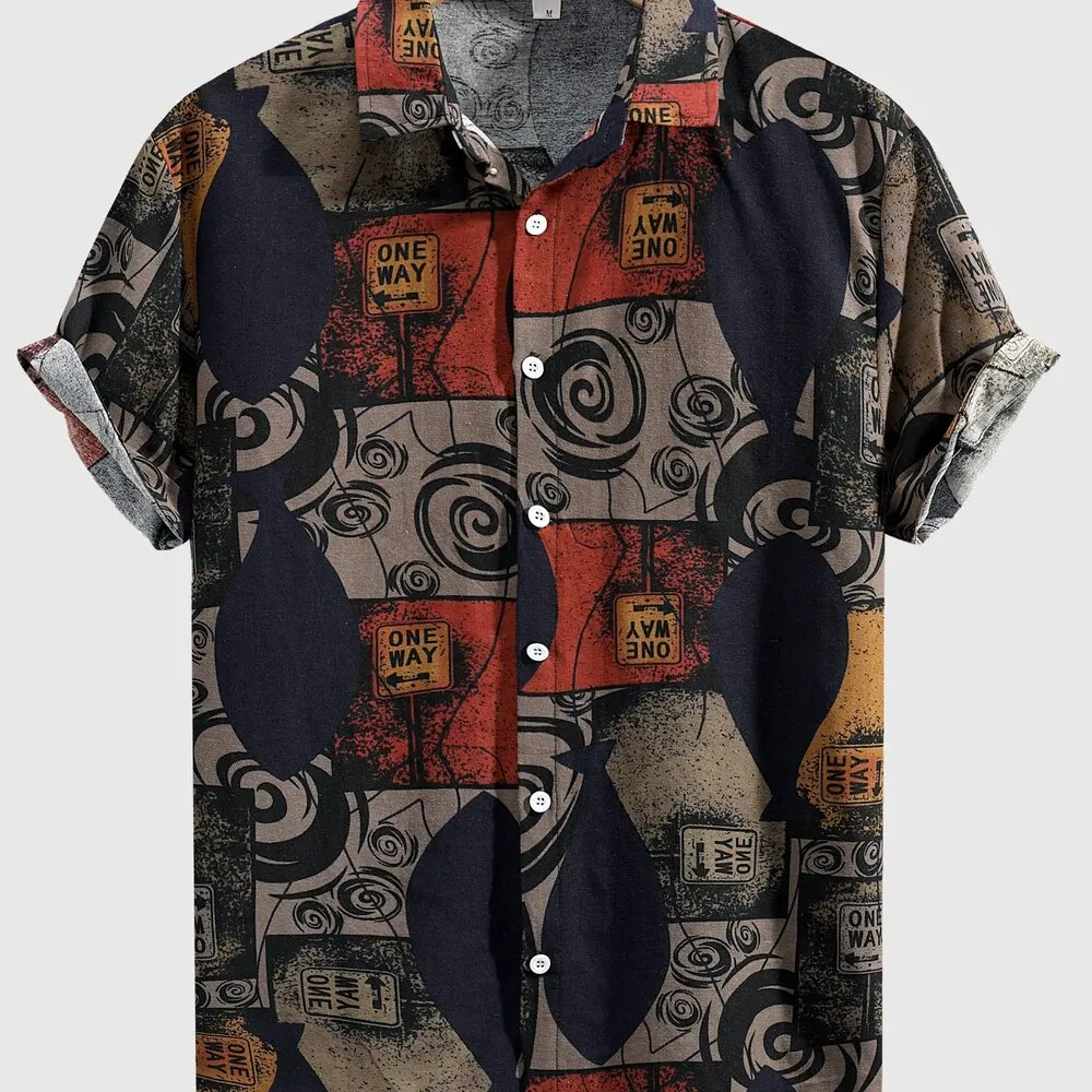 

Men's Fashion Loose Cotton Blend Geometric Pattern Shirt, Casual Breathable Lapel Short Sleeve Shirt, Suitable for Outdoor