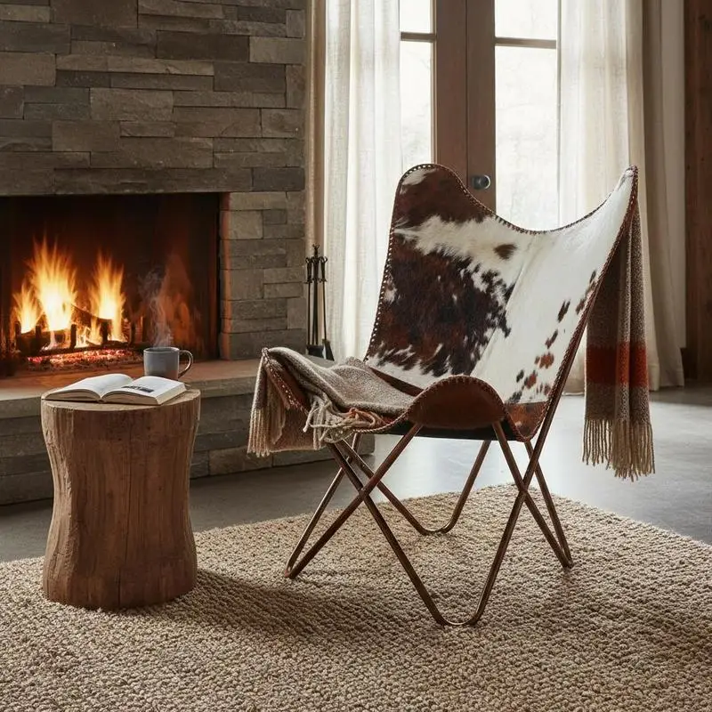 Fauteuil papillon bicolore marron-blanc en cuir de vachette véritable, dimensions 74×66×90 cm, structure métallique poudrée. Modèle artisanal ergonomique avec siège spacieux, supporte jusqu'à 110 kg. Les motifs naturels du cuir rendent chaque exemplaire unique.
