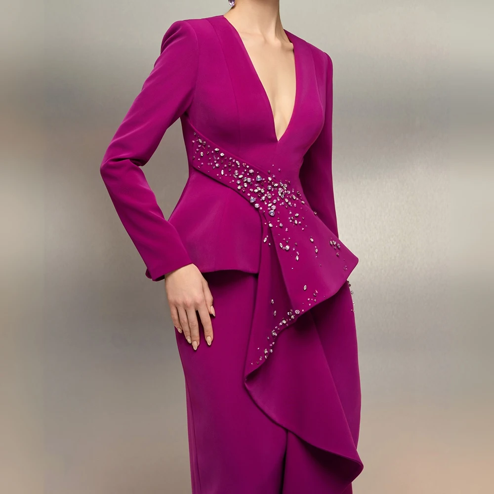 Vestidos de Noche acampanados personalizados, vestido de fiesta de manga larga con cuello en V hasta el suelo, vestido de fiesta informal drapeado de cristal a la moda Simple