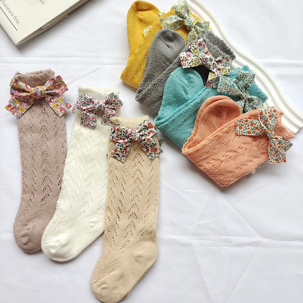 New Summer Children Socks For Girls Knitted Cotton Baby Long Tube Sock Knee High Toddler Princess Socks Flower Bows Infant Sock