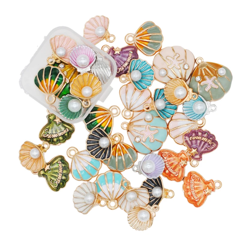 10pcs Mix Ocean Enamel Charms with Imitation Pearl Beads Shell Drop Oil Charms for Jewelry Making Accessories For Women