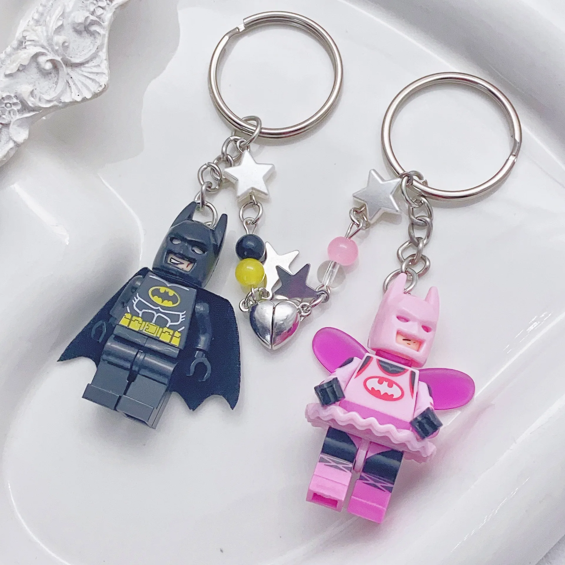 Beautiful Handmade 3D Fairy Star Pink Black Bat Magnetic Keychain Y2k Bow Key Ring Backpack Pendant Couple Keychain Gifts