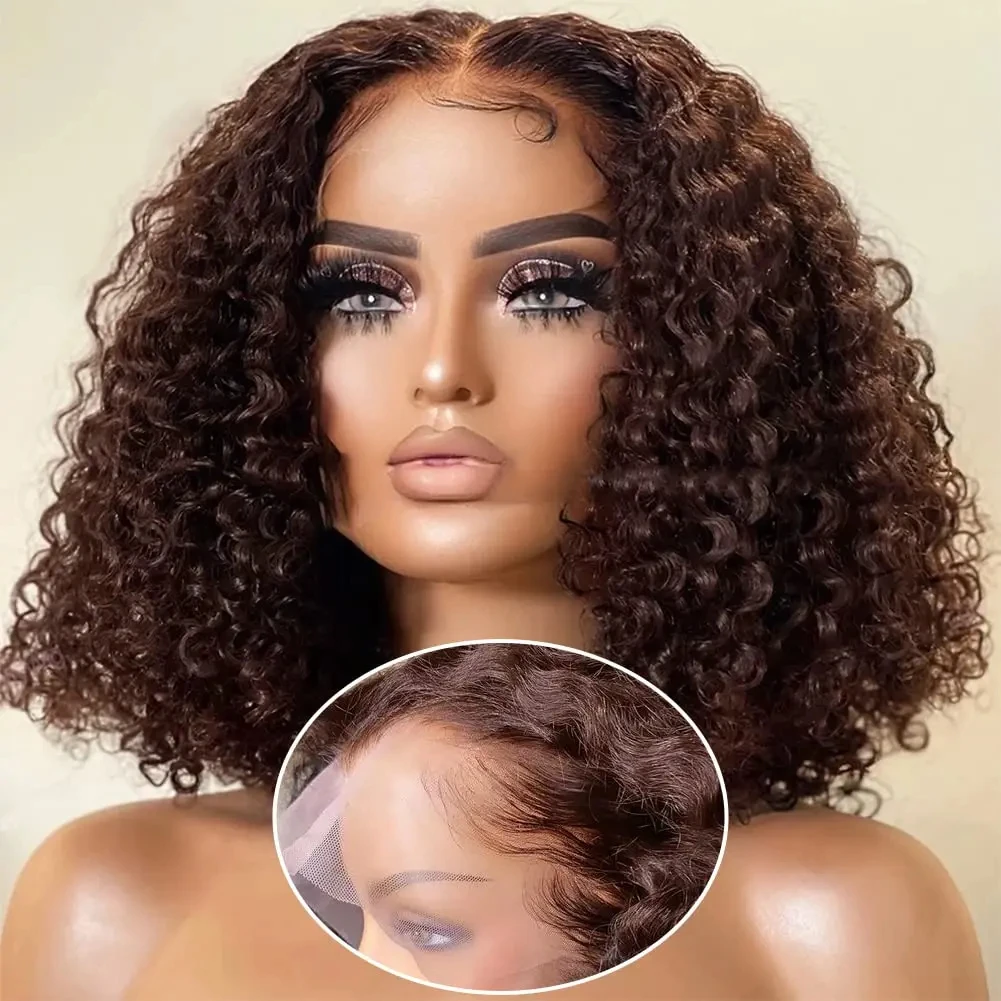 Gęstość 200% #4 ciemnobrązowe peruki Bob fala wody 13x4 peruki typu Lace front brazylijskie ludzkie włosy wstępnie oskubane przezroczysta koronkowa peruka HD