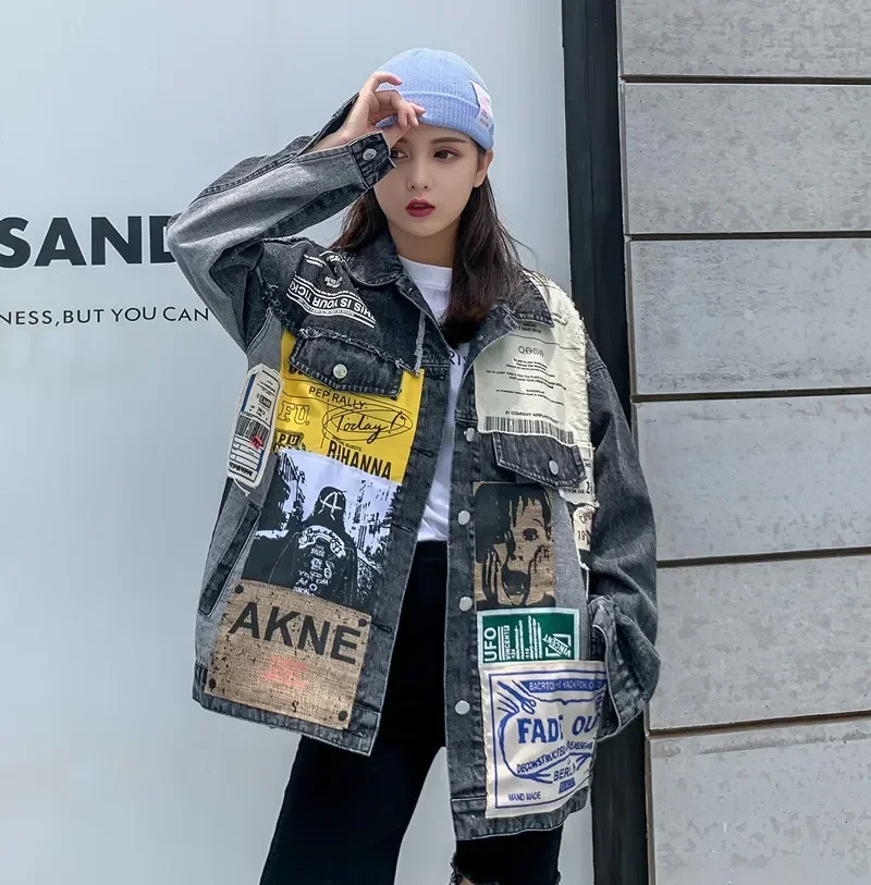 

TPJB New Vintage Women Jackets Full Sleeve Appliques Newspaper Pattern Loose Chic Black Denim Jacket Leisure Trend Coat