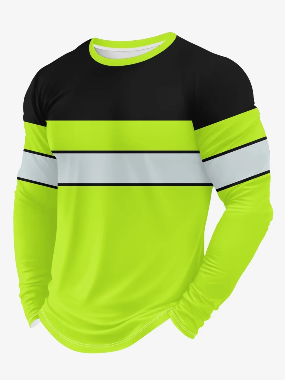 Y2K Herren Neon-Grün-Schwarz Color-Block 3D-Druck Langarmshirt Entspannend Atmungsaktiv Schnelltrocknend Outdoor-Sportbekleidung Oberteil Arbeitskleidung – Detail 10