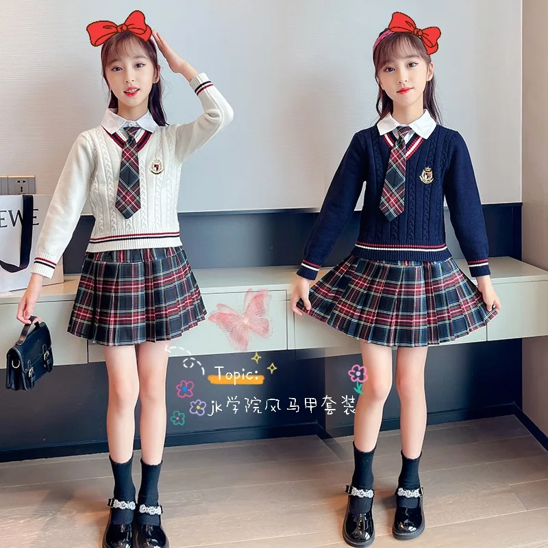 

Sets for Girls School Uniform Twinset Children Costume Kids Suit Preppy Sweater Skirt Clothes for Teenagers Children's clothing