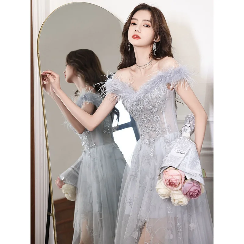 

Ele Feather Evening Dr ort Front Long Ba High Waist Poly Fabric Spring Season ort Sve One oulder A-Line Gown