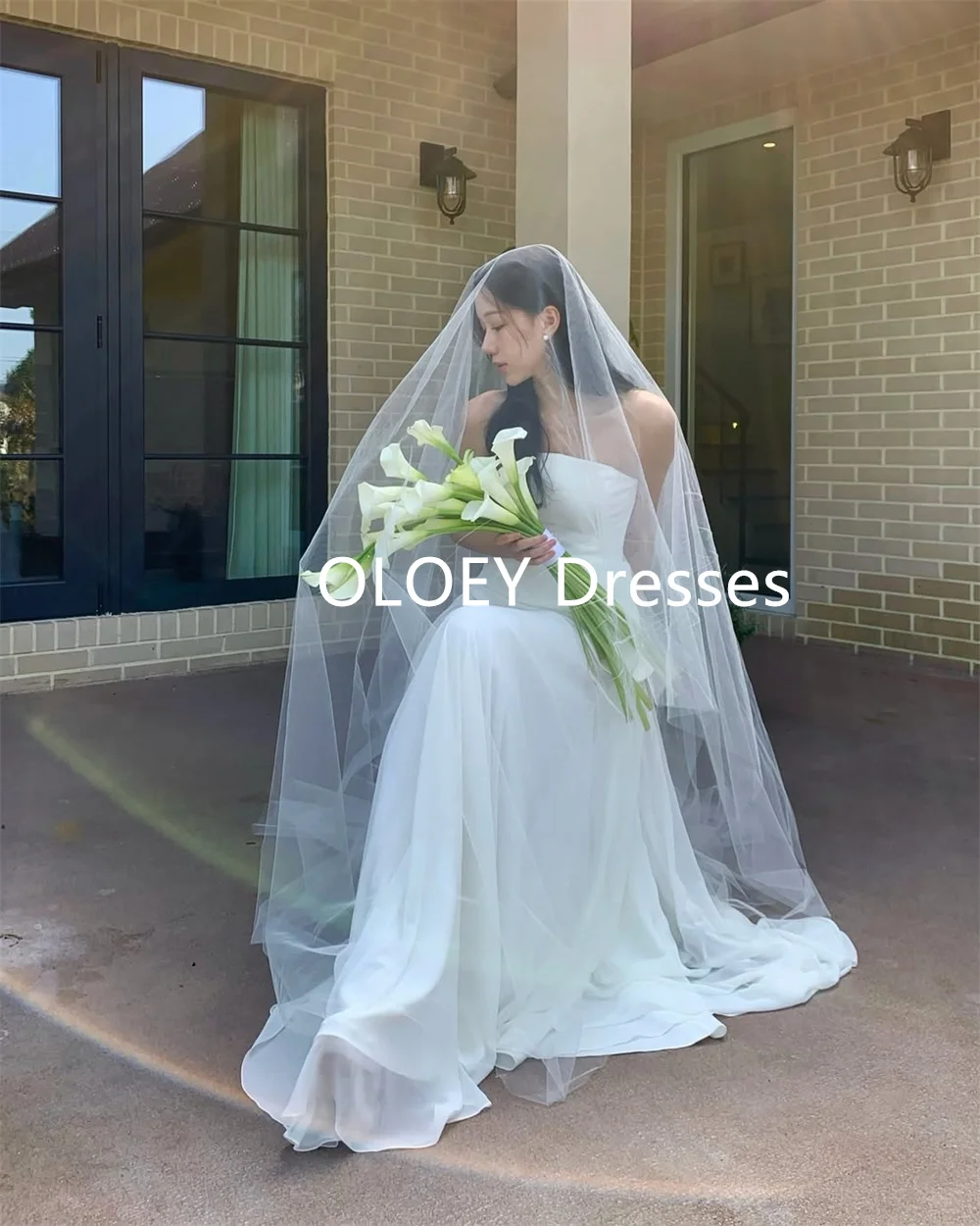 OLOEY Simple Strapless Wedding Dresses Korea Photoshoot Asymmertical Floor Length Bridal Gowns Customized Sleeveless Robe de mar