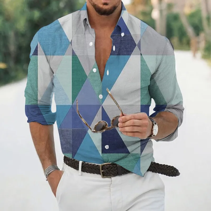 

Повседневная рубашка с длинными рукавами и геометрическим трехмерным 3D-принтом, весенне-осенняя мужская модная универсальная рубашка