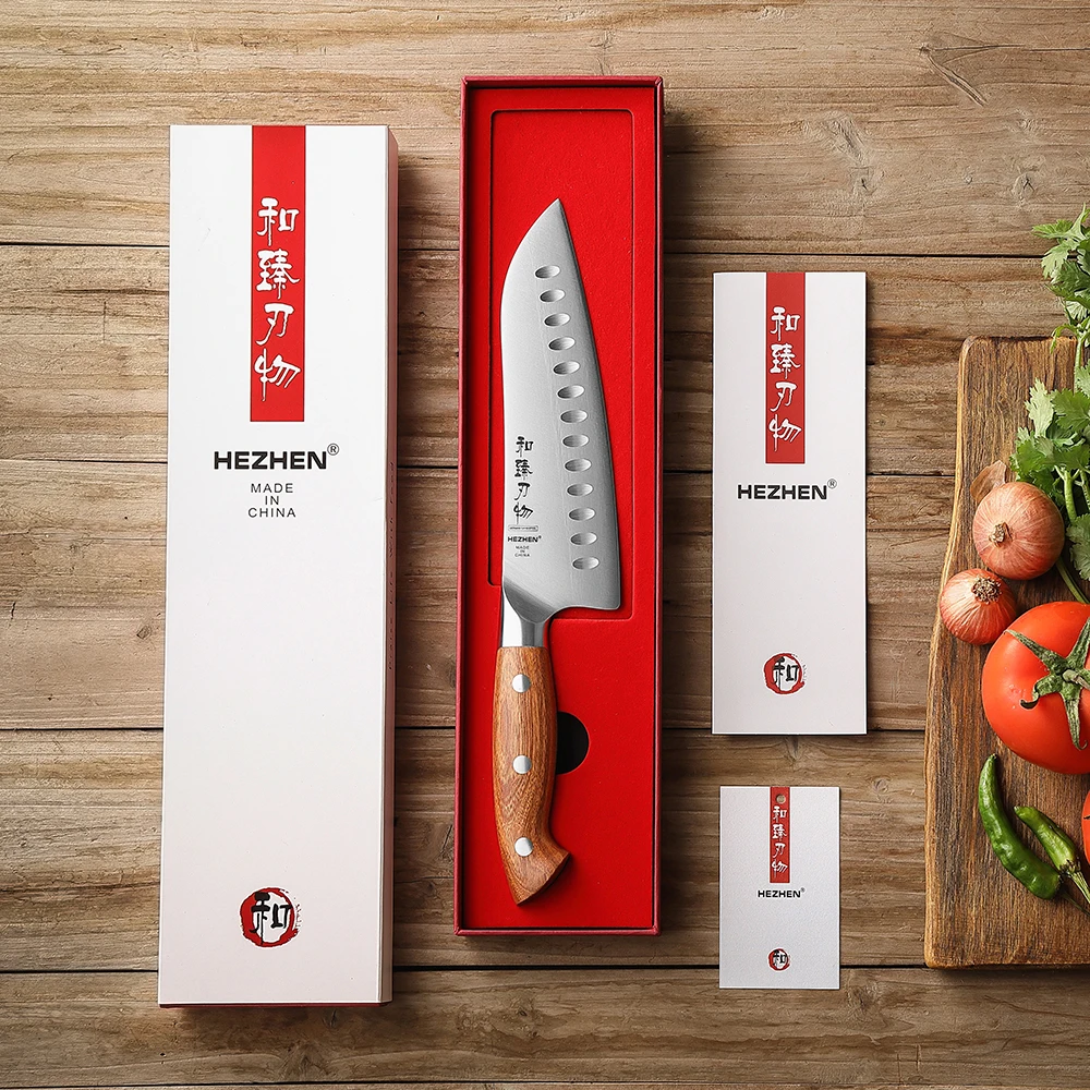 HEZHEN 7.3 Inches Santoku Knife 1.4116 steel Red Wood Handle Cook Tools Core Blade Kitchen Knife Accessories Box Packing