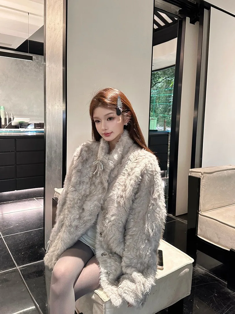 Grey bow eco-friendly fur coat for women's autumn and winter 2025 new style warm fur one-piece loose cardigan