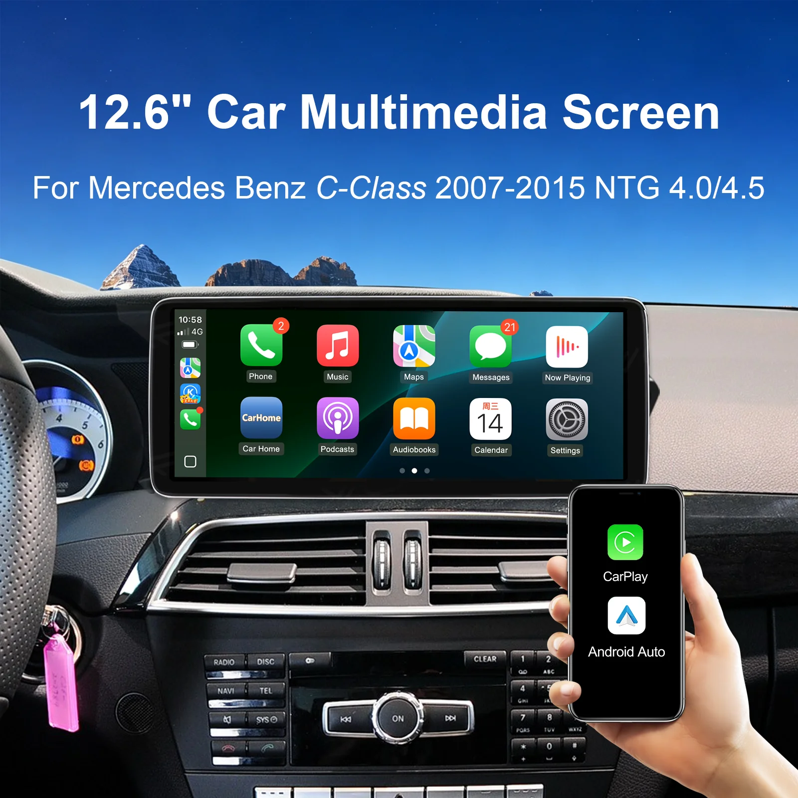 Ezonetronics 12.6'' Wireless Carplay Multimedia Linux Touch Screen for Mercedes Benz C-Class 2007-2015 with NTG4.0/4.5 Android