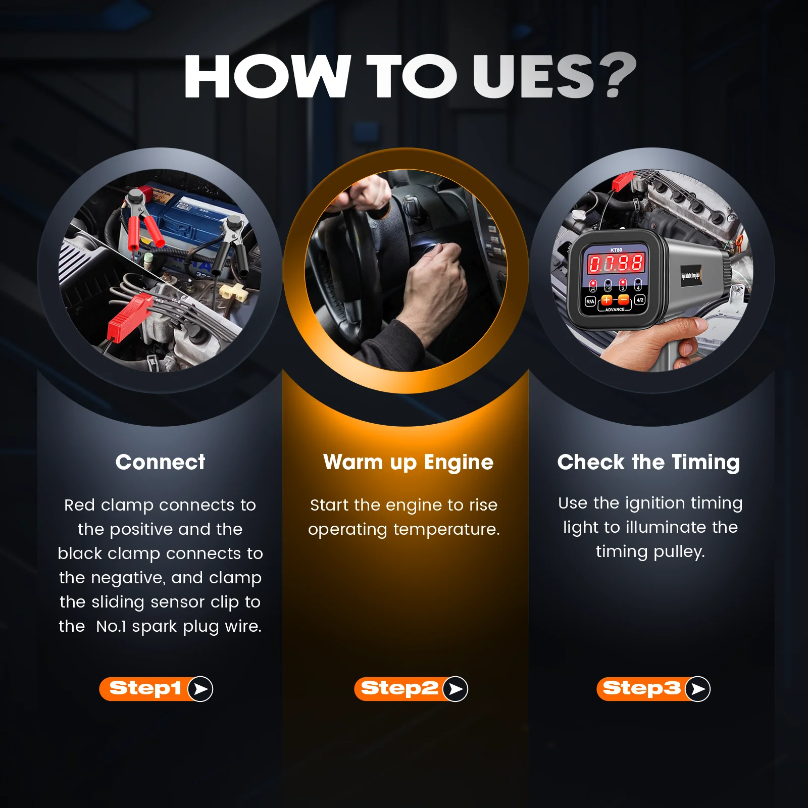 KZYEE Engine Timing Light with Tachometer KT60 Auto Digital 2&4 Stroke Petrol 12V Inductive Strobe Lamp Ignition Timing Light view 6