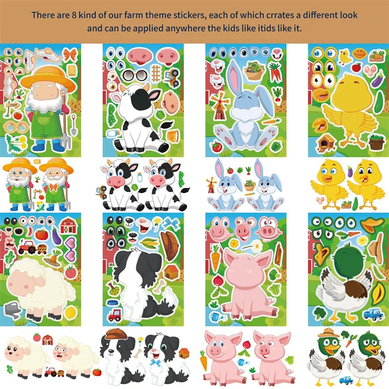 Cartoon Make-a-face Sticker Sheets Kids Children DIY Make Own Farmer Chick Bunny Farm Animal Puzzle Stickers Boys Girls Toy Gift