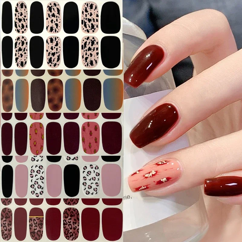 New 14 Strips Autumn Gel Nail Stickers Full Cover Nail Patch Leopard Print Nail Stickers Nail Polish Strips DIY Nail Art Making