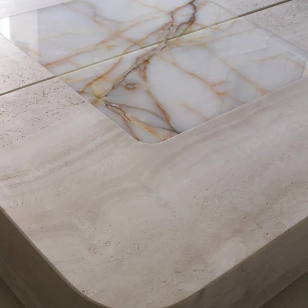 Square Large Modern Living Room Cloud Travertine Basic Glossy White Onyx Coffee Table Nested Marble