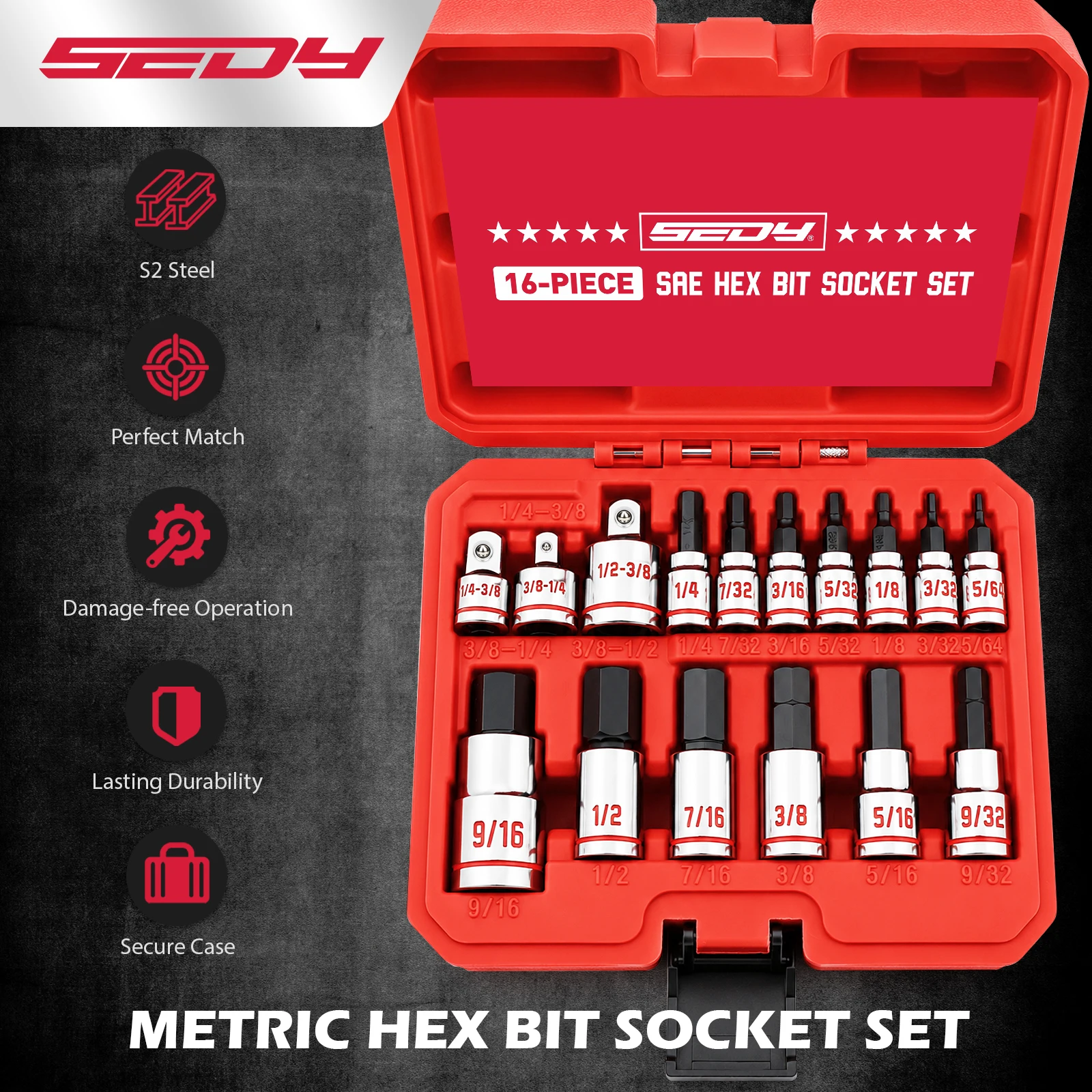 SEDY 16Pcs SAE Hex Bit Socket Set S2 Steel Bits CR-V Sockets 1/4