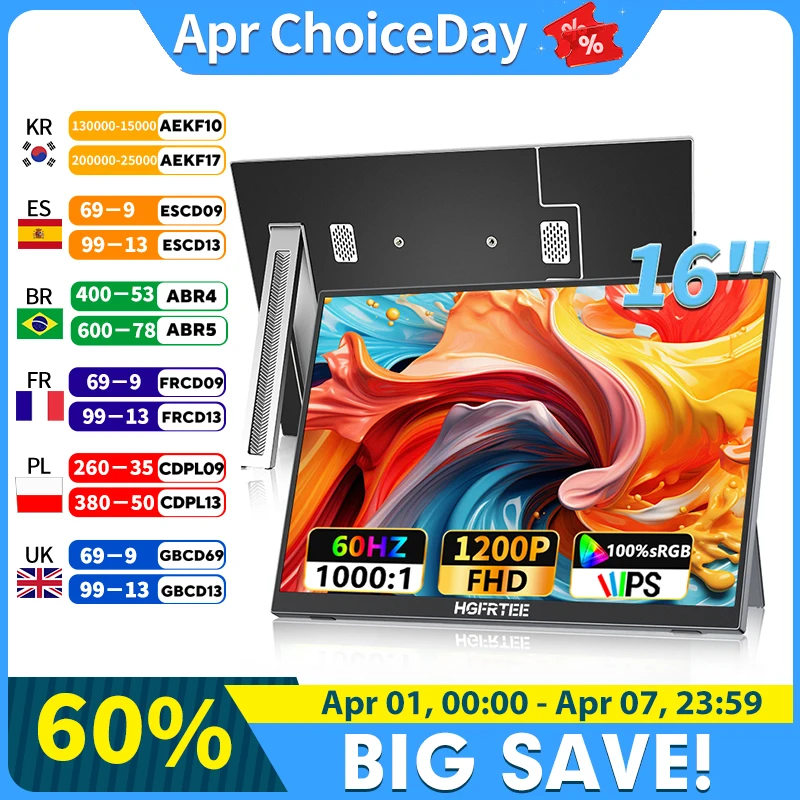 

Портативный монитор HGFRTEE 16 дюймов, 100% SRGB, 1200P, FHP, IPS для ноутбука, Mac Surface, ПК, PS4/PS5, Xbox, встроенные колонки, установка VESA