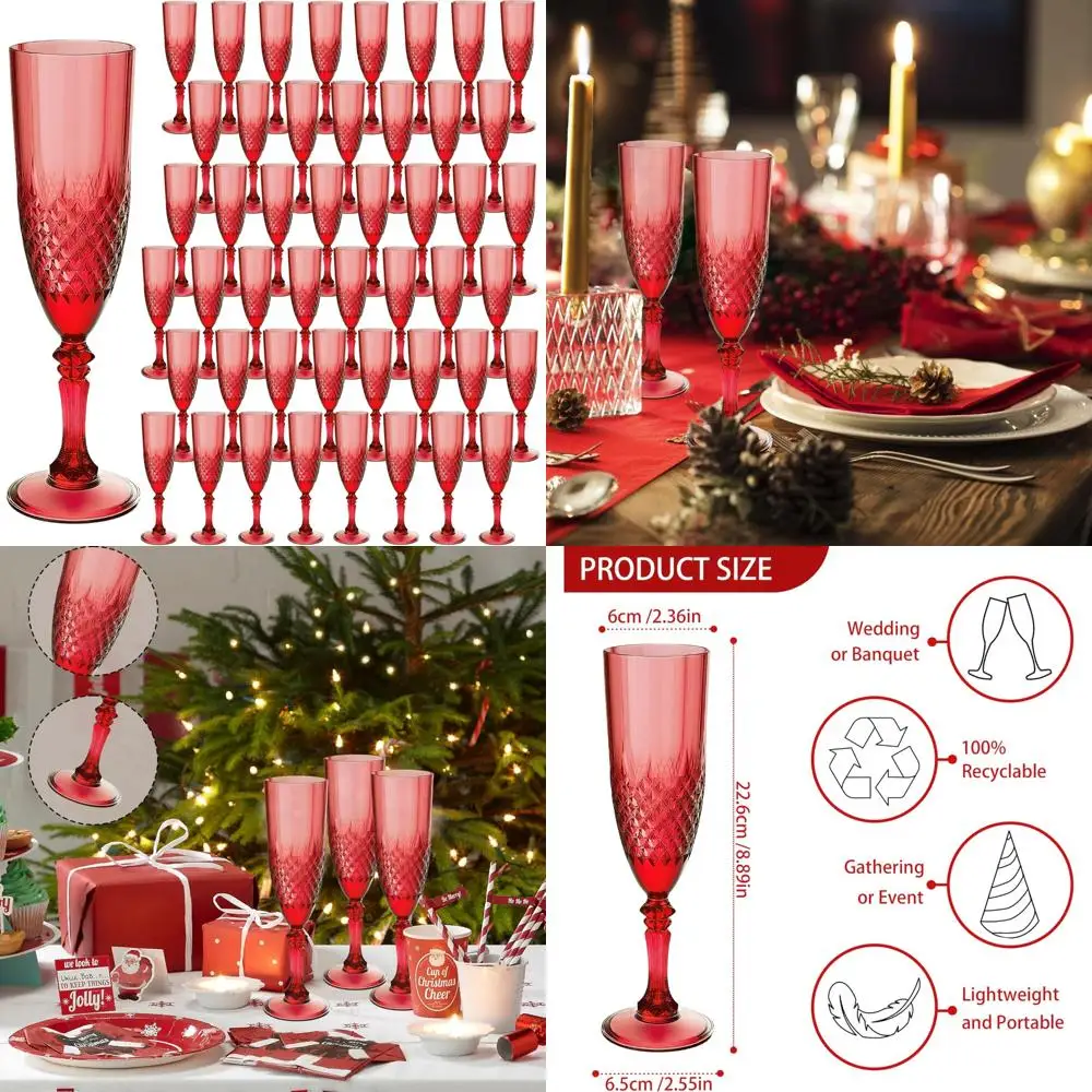 Reusable Dark Red 48-Piece Champagne Flutes Set for Weddings, Christmas, Bachelor Parties, and Toasts