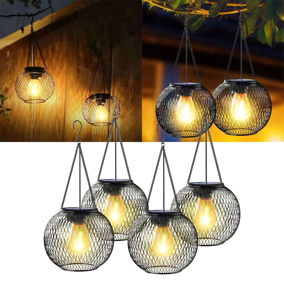 

Solar Powered Handmade Wrought Iron European Style Carved Hollow Pendant Light Outdoor Garden Balcony Rustproof LED Hanging Lamp