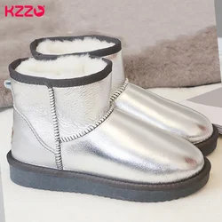 KZZO Women's Classic Sheepskin Leather Waterproof Snow Boots Natural Sheep Fur Lined Casual Ankle Winter Warm Shoes Silver