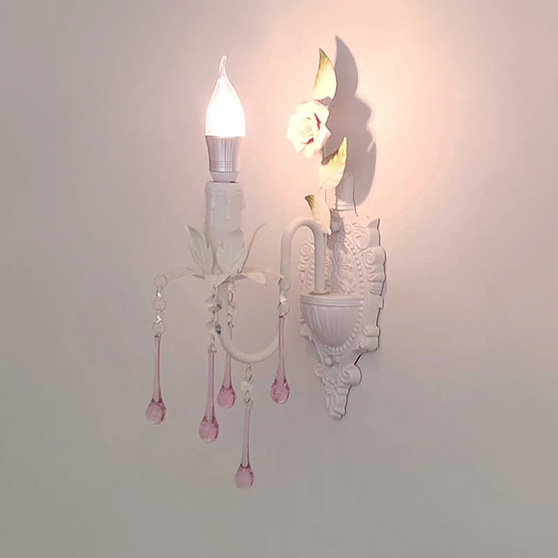 

French country crystal wall lamp Korean flower and plant living room decorative lighting bedroom ironwork pink rose LED lamp