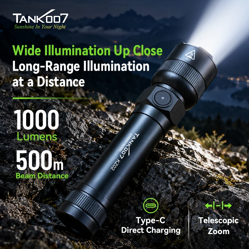 TANK007 KZ02 Standard Version Zoomable Flashlight 500M Beam Distance Rechargeable Portable Tactical Flashlight