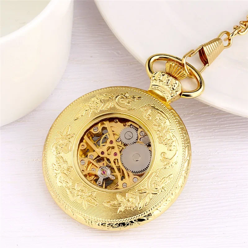 Luxury Yellow Gold Unisex Handwinding Mechanical Pocket Watch Roman Number Display Luminous Hands Pendant Chain Gift
