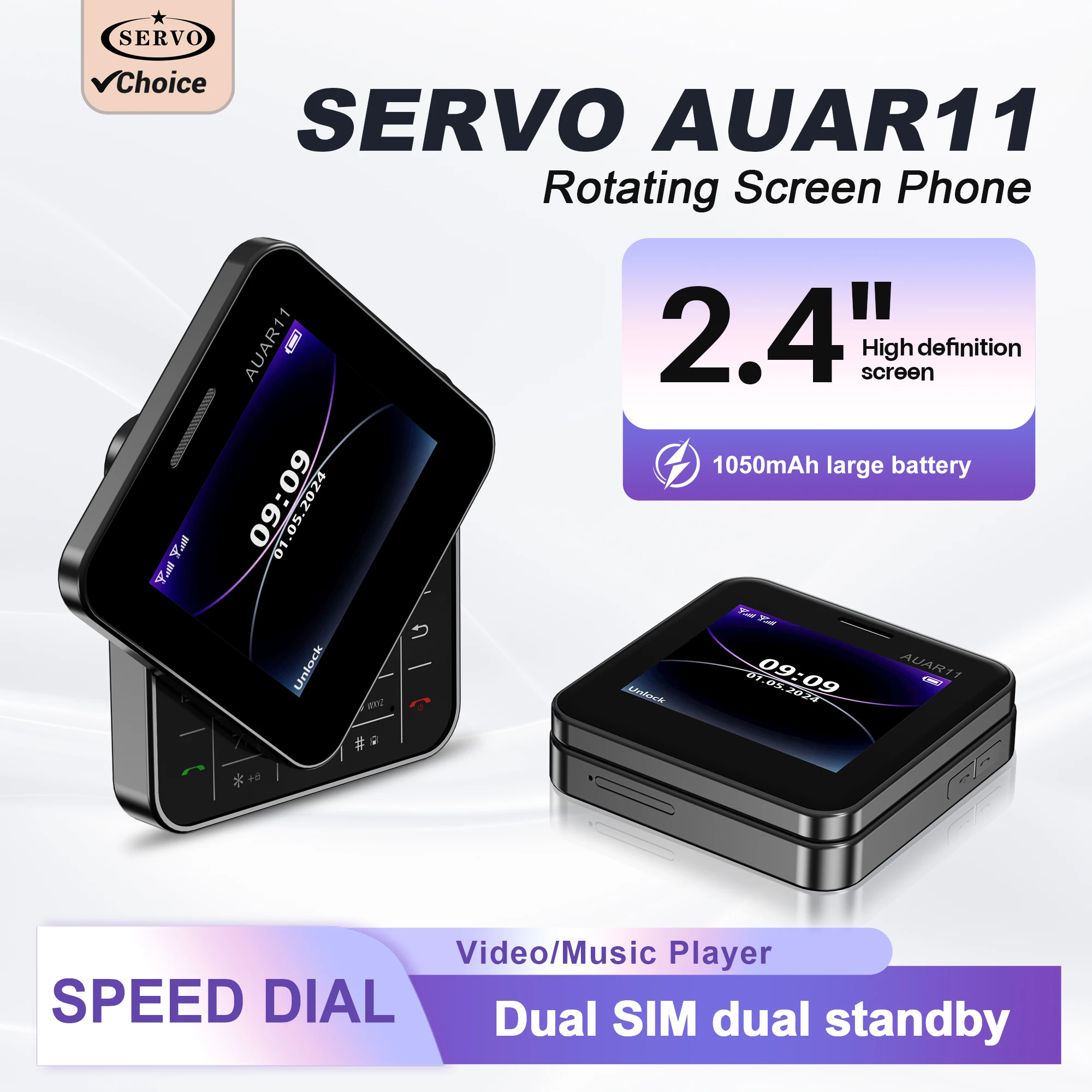 SERVO Rotating Screen Mini Mobile Phone 2G Cellular Speed Dial FM Radio Button Cellphones 2.4'' Color Display Dual SIM Flashlight