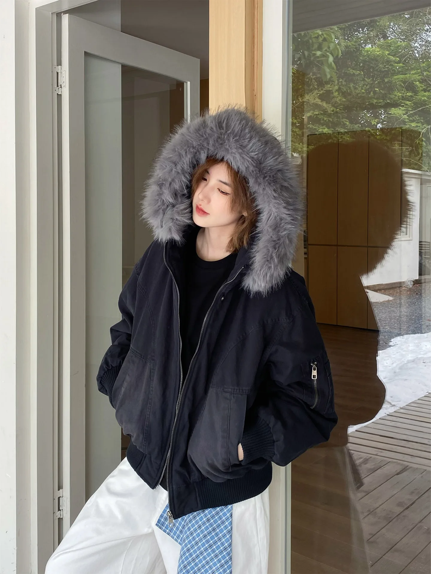 

Ja1 Unisex Vintage Washed Plush Hood Detachable down Jacket Warm Loose Couple Outerwear Casual Style Long Sleeve Zipper Closure