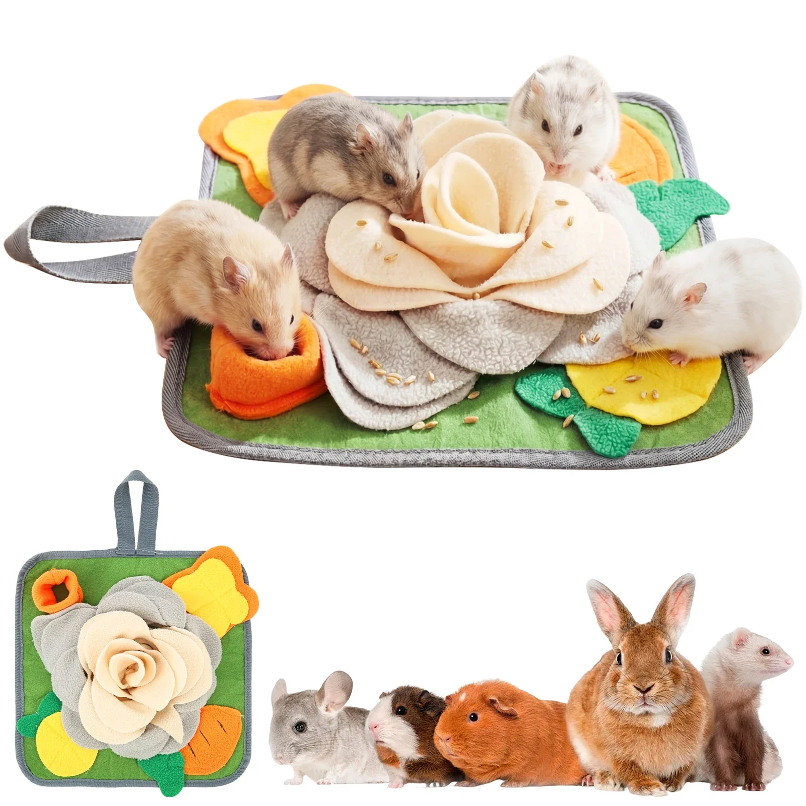 Small Pet Snuffle Mat Rabbit Foraging Mat Hamster Scent Training Blanket Toy Slow Feeder for Guinea Pig Hamster Puppy