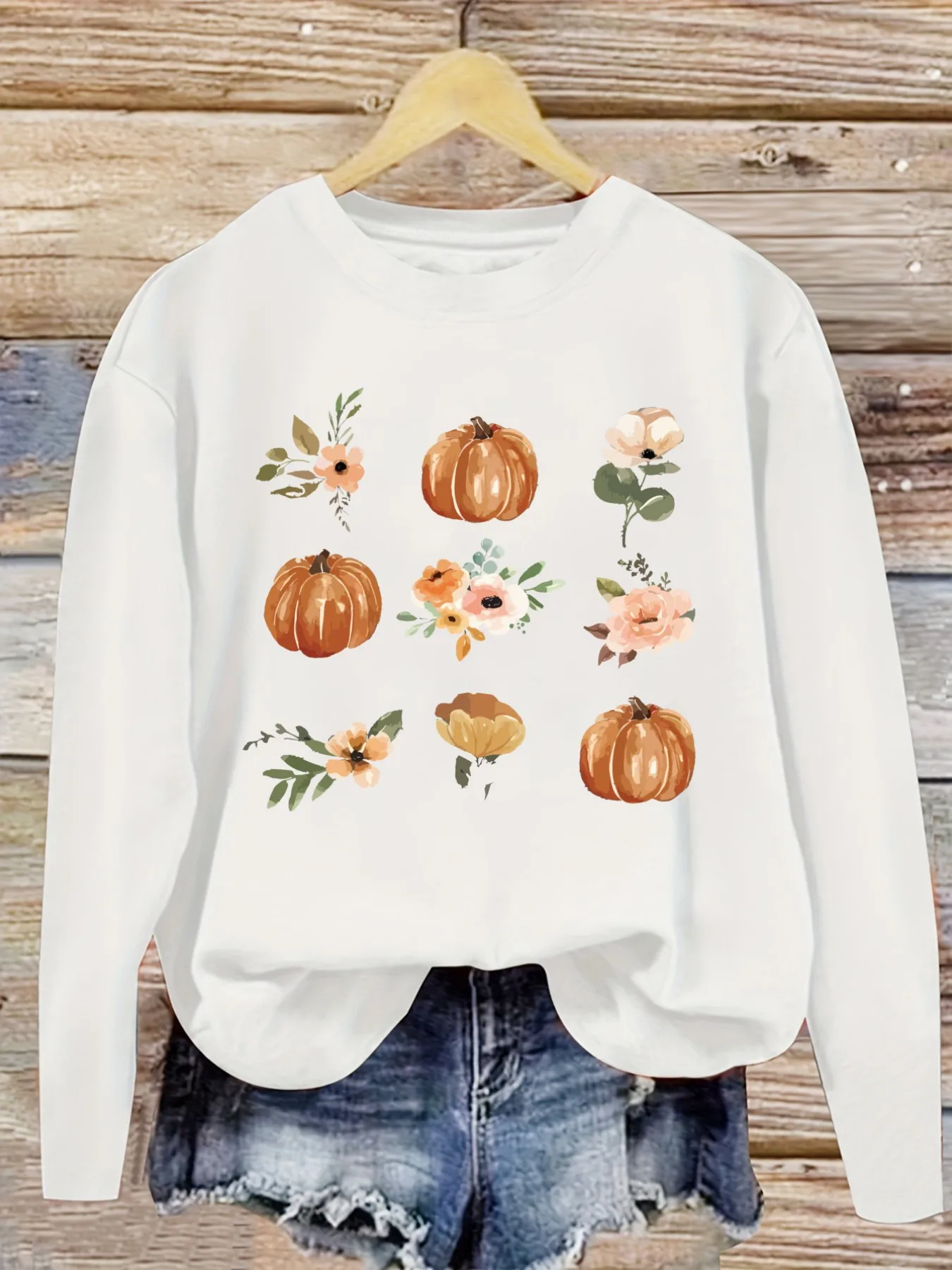 Women's Casual Long Sleeve Crew Neck T-Shirt Pumpkin And Floral Print Design Design, Round Neck Women's Clothing, Machine Washable, Slightly Elastic, Loose Fit, Spring Autumn Winter Women's T-Shirt, Halloween Costume Outfit view 5
