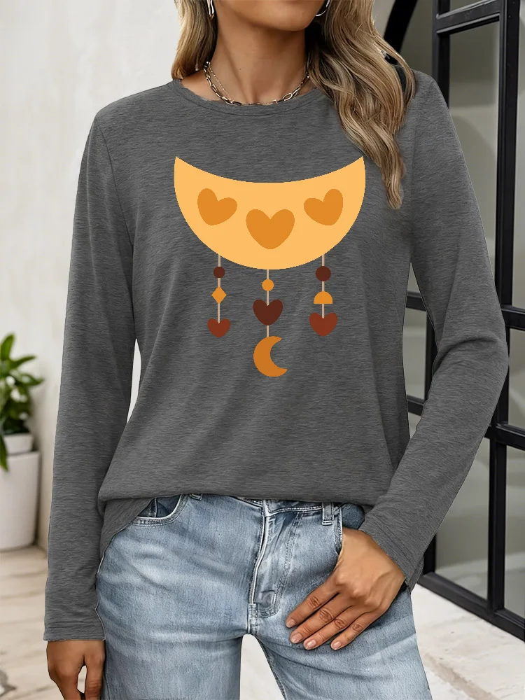 Moon Heart Wind Chimes Women's Casual Print Long Sleeve T-Shirt Crew Neck Y2K Top Tee Breathable Blend Fabric for Spring Autumn