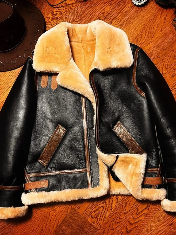 Business Casual Mens Turn Down Collar Genuine Leather Jackets Fashion Solid Color Zipper Male Pockets Sheepskin Outerwear
