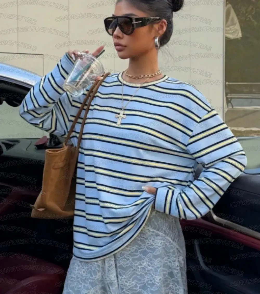 Women's Striped Long Sleeved T-shirt, Harajuku Style Y2K Casual Oversized 3D Printed Top, Street Fashion Casual Sports Top