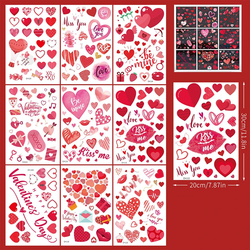 9 Sheets Valentines Day Window Clings Heart Shaped Static Stickers Glass Art Decal for 2025 Valentine's Wedding Party Supplies