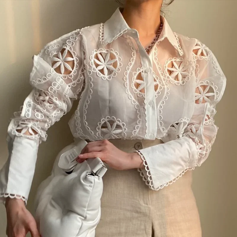 Women's Long Sleeve Floral Embroidery Blouse, Vintage Tops, Loose Casual Blouses, White, Sexy, Hollow, Spring, Autumn