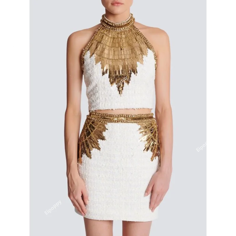 2024 Handmade Beaded Diamond Metal Sequined Halter Crop Tops Mini Skirt for Women's Dress Sets Skirt 2 Piece Set Outfits Summer