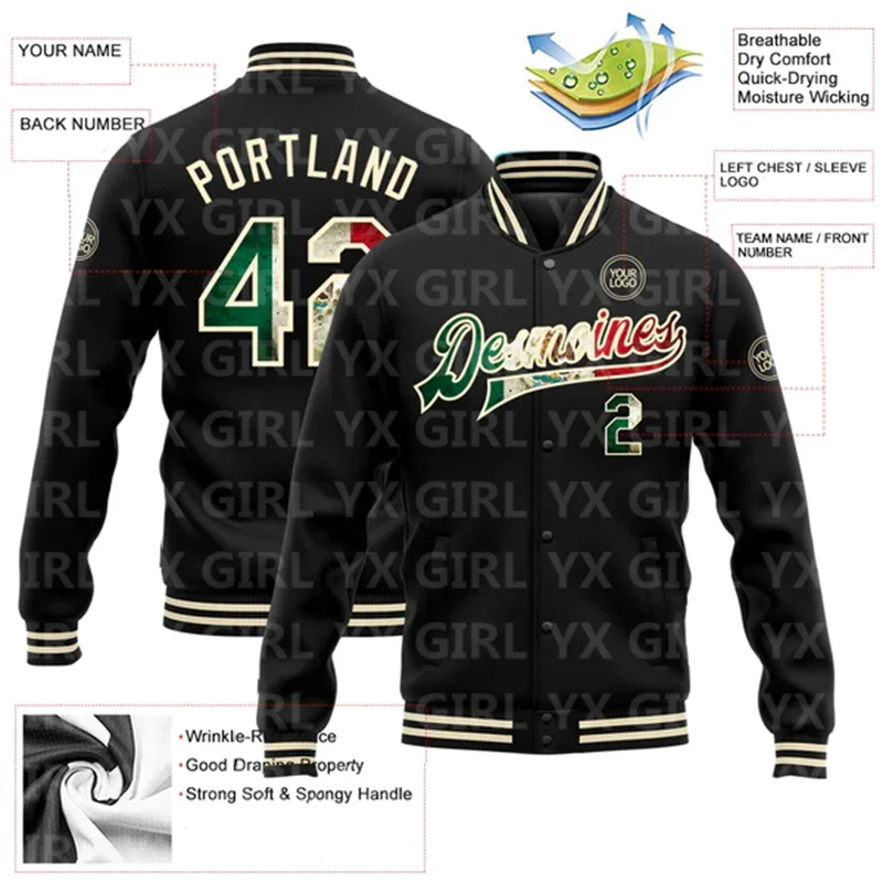 Custom Black Vintage Mexican Flag-OR Bomber Full-Snap Varsity Letterman Jacket 3D Printed Baseball Button Jacket