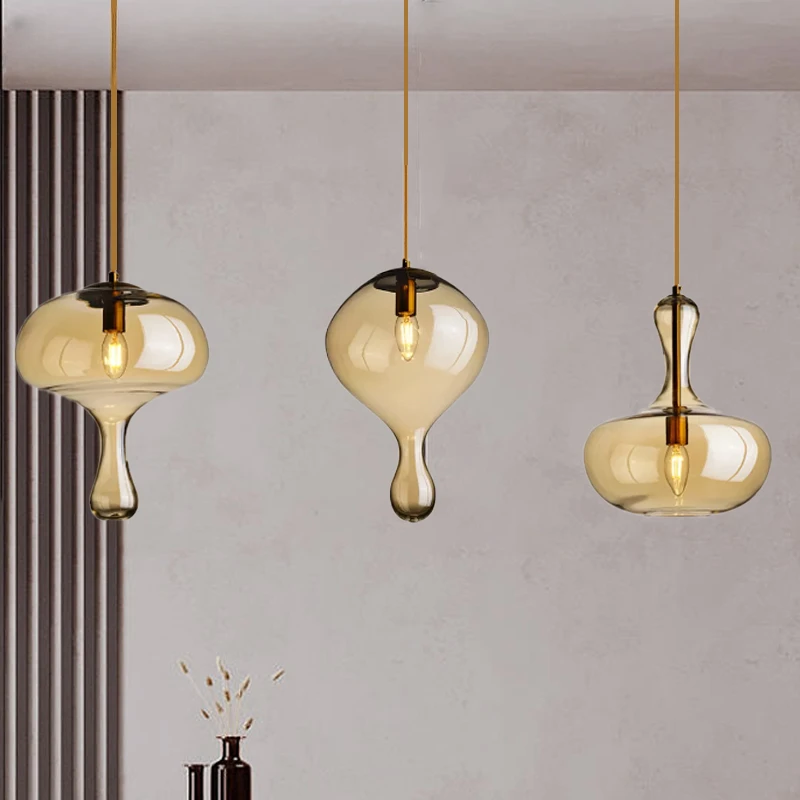 Modern Vintage Glass Pendant Lamp Bedside Hanging lamps Simple Restaurant lighting Electroplated Gold Amber Glass