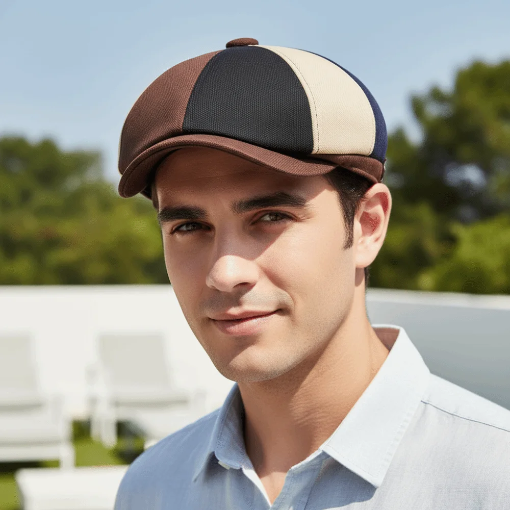 Lightweight Patchwork Newsboy Cap Multi-Panel Stitching Short Curved Brim Colorblock Flat Hat Soft Structured Crown