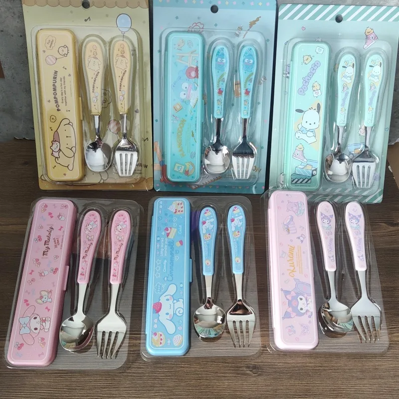

Kuromi Spoon Fork My Melody Cartoon Cute 304 Stainless Steel Children Tableware Student Lunch Commute Portable Tableware Box Set