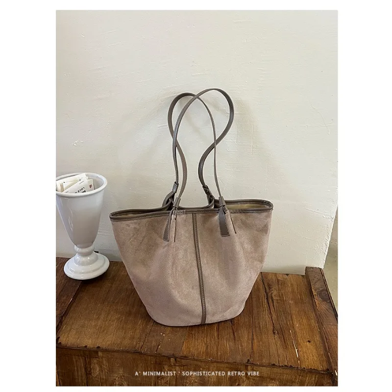 High Quality Women Vintage Solid Faux Suede Tote Bag Large Capacity Casual Shoulder Bag Soft Open Top Commute Handbag 2026 New
