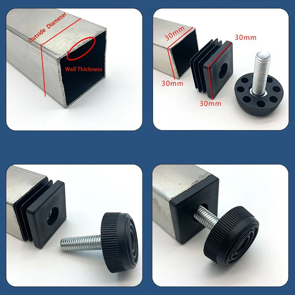 M8 Black Plastic Adjustable Screw Foot Pad, Square & Round Tube End Caps Furniture Leg Cover Plugs 20x20~50x50mm / 20-50mm